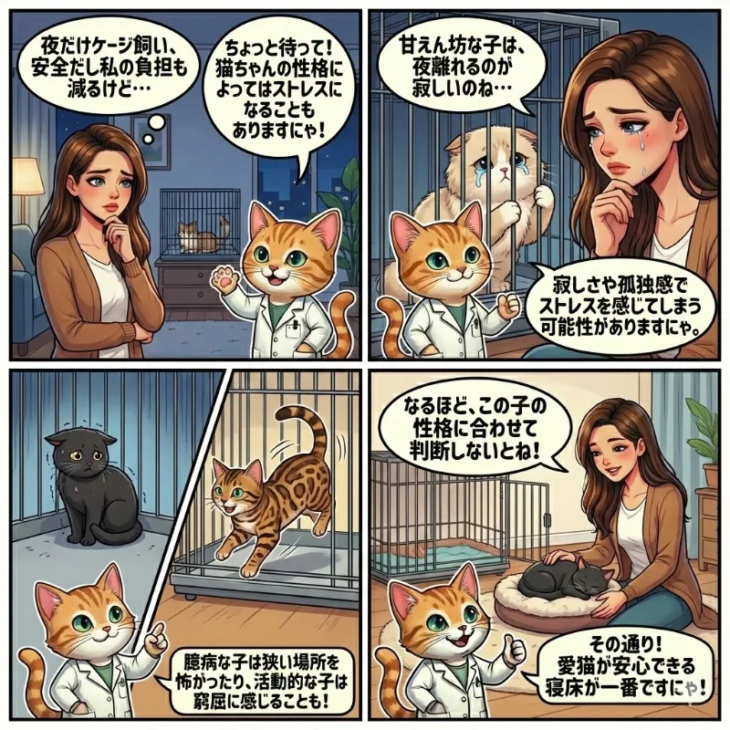 寝る時にケージに入れるのは猫の性格によってストレスがかかる場合がある