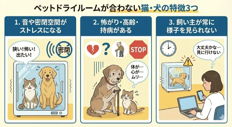ペットドライルームが合わない猫・犬の特徴3つ